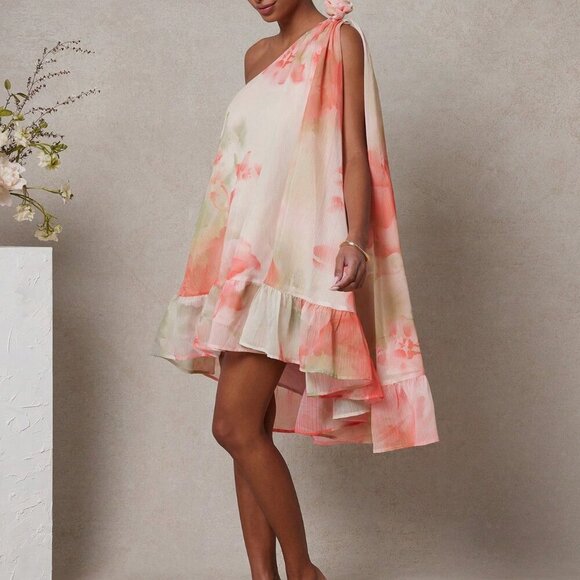 Pastel Pink Boho Women's Flowy Floral One Shoulder Mini Dress